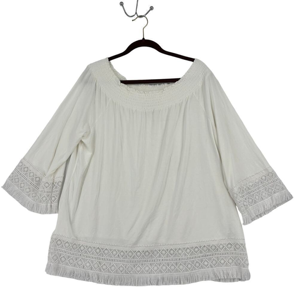 Chico's Stretch Knit Blouse Top Boat Neck Crochet Fringe Lace Trim White Size L